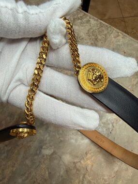 Versace Black Leather Belt with Gold Medallion and Chain